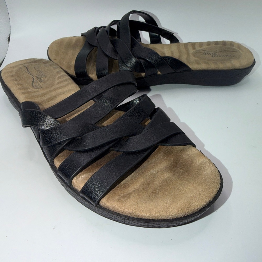 Easy Street 8M Black Strappy Sandals Comfort Wave Cushioned Summer Casual Slides